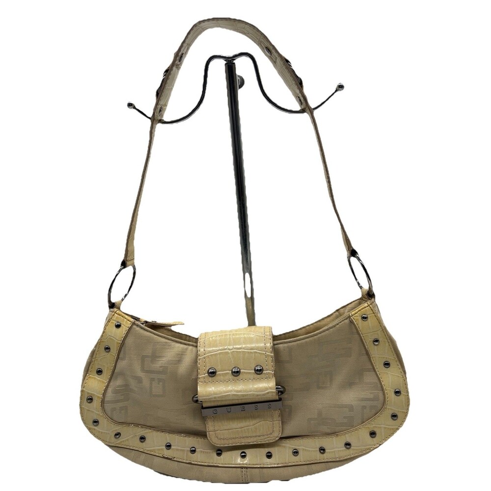 Vintage Guess Shoulder Small Bag Purse Y2K Logo Buckle Baguette Handbag Beige